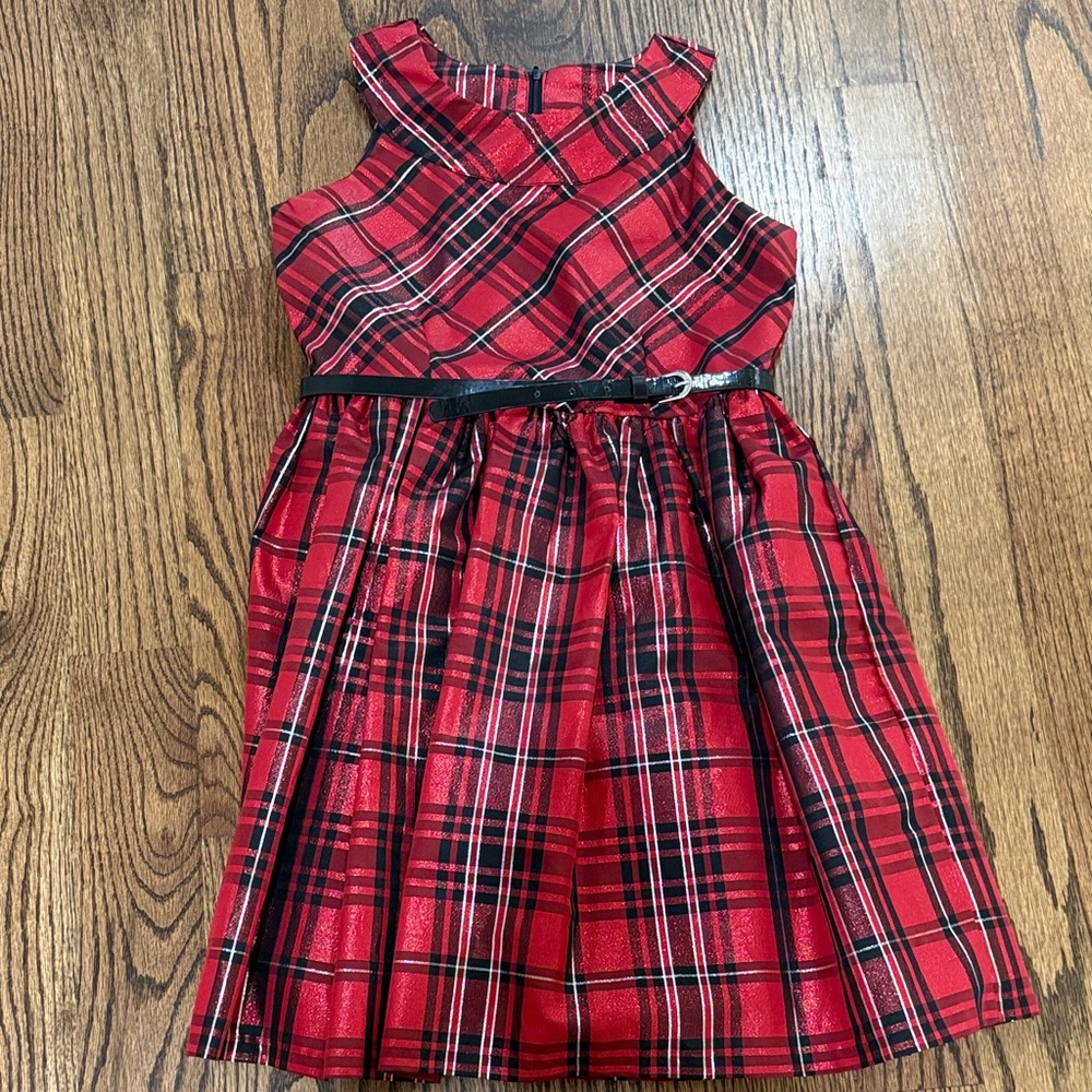 Bonnie Jean Red Plaid Formal Halter Dress with Black Belt - Girls Size 14